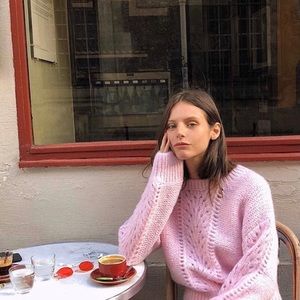 & Other Stories Pink Chunky Cable Knit Crewneck Sweater